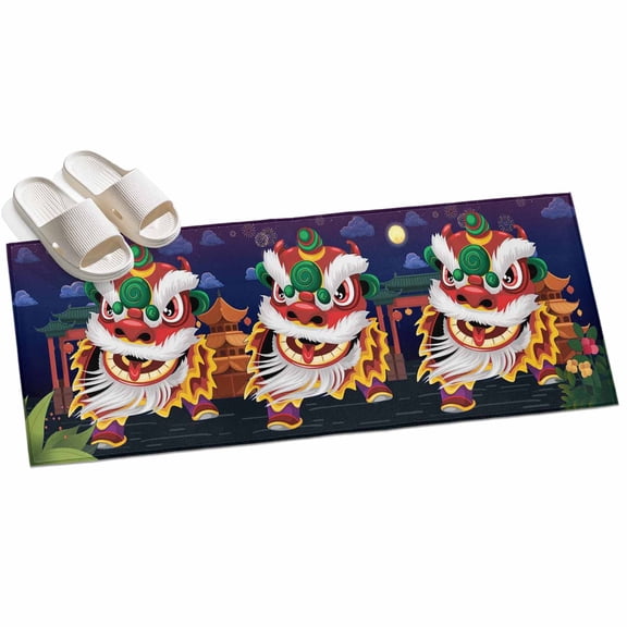 2x6ft Area Rug,Chinese Wind Lion Dance Washable Large Rugs Soft Non-Slip Floor Rug New Year Painting Non-Shedding Indoor Carpets for Living Room Bedroom Home Office Nursery