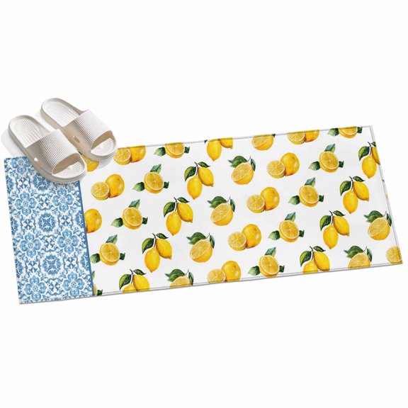 2x6ft Area Rug,Farm Fruit Yellow Lemon Leaves Washable Large Rugs Soft Non-Slip Floor Rug Blue and White Porcelain Texture Non-Shedding Indoor Carpets for Living Room Bedroom Home Office Nursery