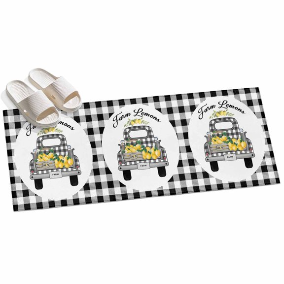2x6ft Area Rug,Farm Truck Lemon Fruit Washable Large Rugs Soft Non-Slip Floor Rug Country Black White Checker Non-Shedding Indoor Carpets for Living Room Bedroom Home Office Nursery