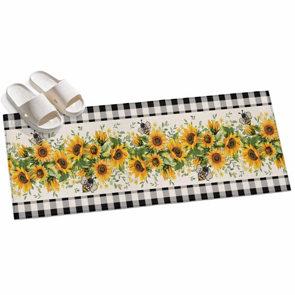 2x6ft Area Rug,Watercolor Sunflower Bee Green Leaves Washable Large Rugs Soft Non-Slip Floor Rug Black Buffalo Plaid Non-Shedding Indoor Carpets for Living Room Bedroom Home Office Nursery