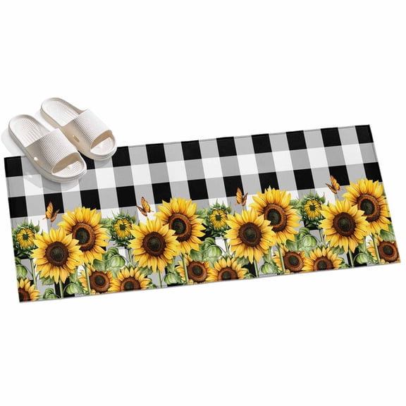 2x6ft Area Rug,Watercolor Sunflower Bee Green Leaves Washable Large Rugs Soft Non-Slip Floor Rug Black White Checker Non-Shedding Indoor Carpets for Living Room Bedroom Home Office Nursery