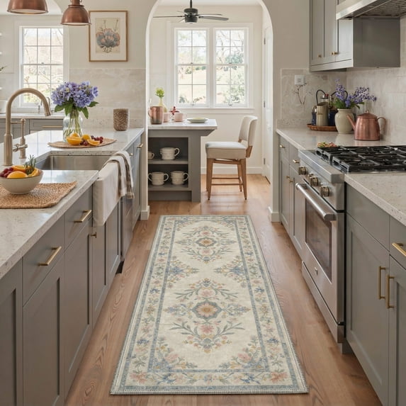 2x7 Area Rugs for Hallway Machine Washable Non Slip Low Pile Vintage Floral Runner, Lightweight Indoor Carpet for Bedroom Bathroom Laundry Room Entryway, Antique Beige Print