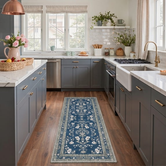 DEORAB 2x7 Area Rugs for Hallway Runner Machine Washable Non Slip Low Pile Vintage Floral Print Rug for Laundry Room Bedroom Bathroom Entryway Dusty Navy Blue