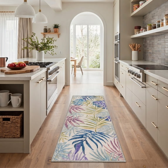 2x7 Area Rugs for Hallway Runner Non Slip Machine Washable Low Pile Lightweight Print Rug for Entryway Laundry Room Bedroom Bathroom Tropical Leaves Soft Pastel