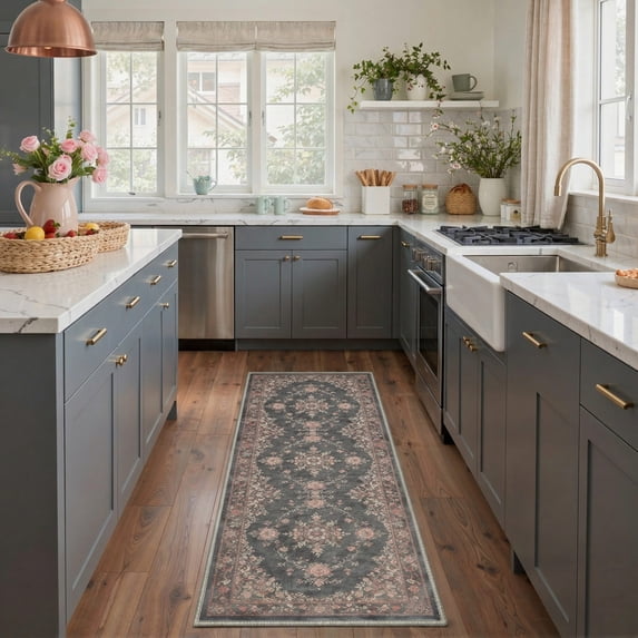 2x7 Area Rugs Machine Washable Low Pile Runner with Non Slip Backing for Hallway, Laundry Room, Bedroom, Bathroom, Floral Medallion Pattern, Charcoal Blush