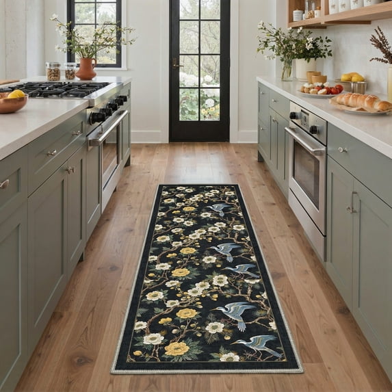 2x7 Area Rugs Machine Washable Non Slip Low Pile Runner Rug for Hallway, Laundry Room, Bedroom, Bathroom, Indoor Print Rug with Avian Blossom Pattern, Ink Black