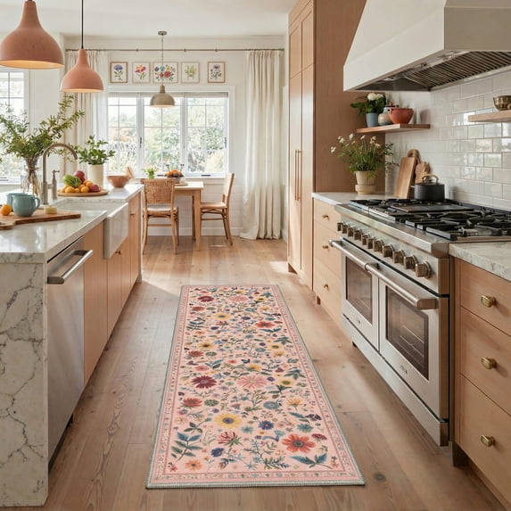 2x7 Area Rugs Non Slip Washable Low Pile Indoor Floral Butterfly Print Runner, Lightweight Carpet for Hallway Entryway Laundry Room Bedroom Bathroom, Soft Pink Blush