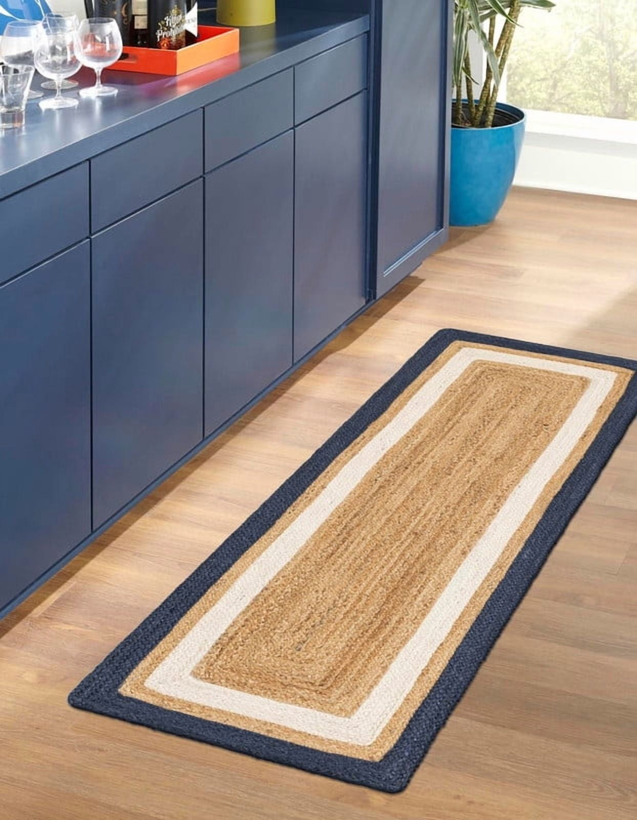 2x7 Ft Beige and Navy Blue & White Jute Area Rug, Hand-Woven, Reversible, Farmhouse Boho Style, Durable & Pet-Friendly Rug for Living Room, Dining Room, and Bedroom