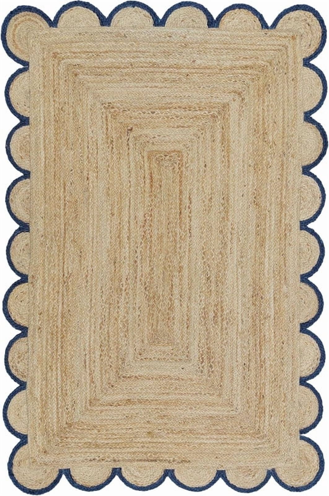 2x7 Ft Navy Blue Border Premium Scalloped Jute Rug – Handcrafted Natural Braided Carpet for Living Room, Bedroom, Entryway, Boho Home Decor
