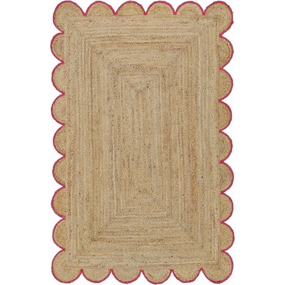 2x7 Ft Red Border Premium Scalloped Jute Rug – Handcrafted Natural Braided Carpet for Living Room, Bedroom, Entryway – Boho Home Decor