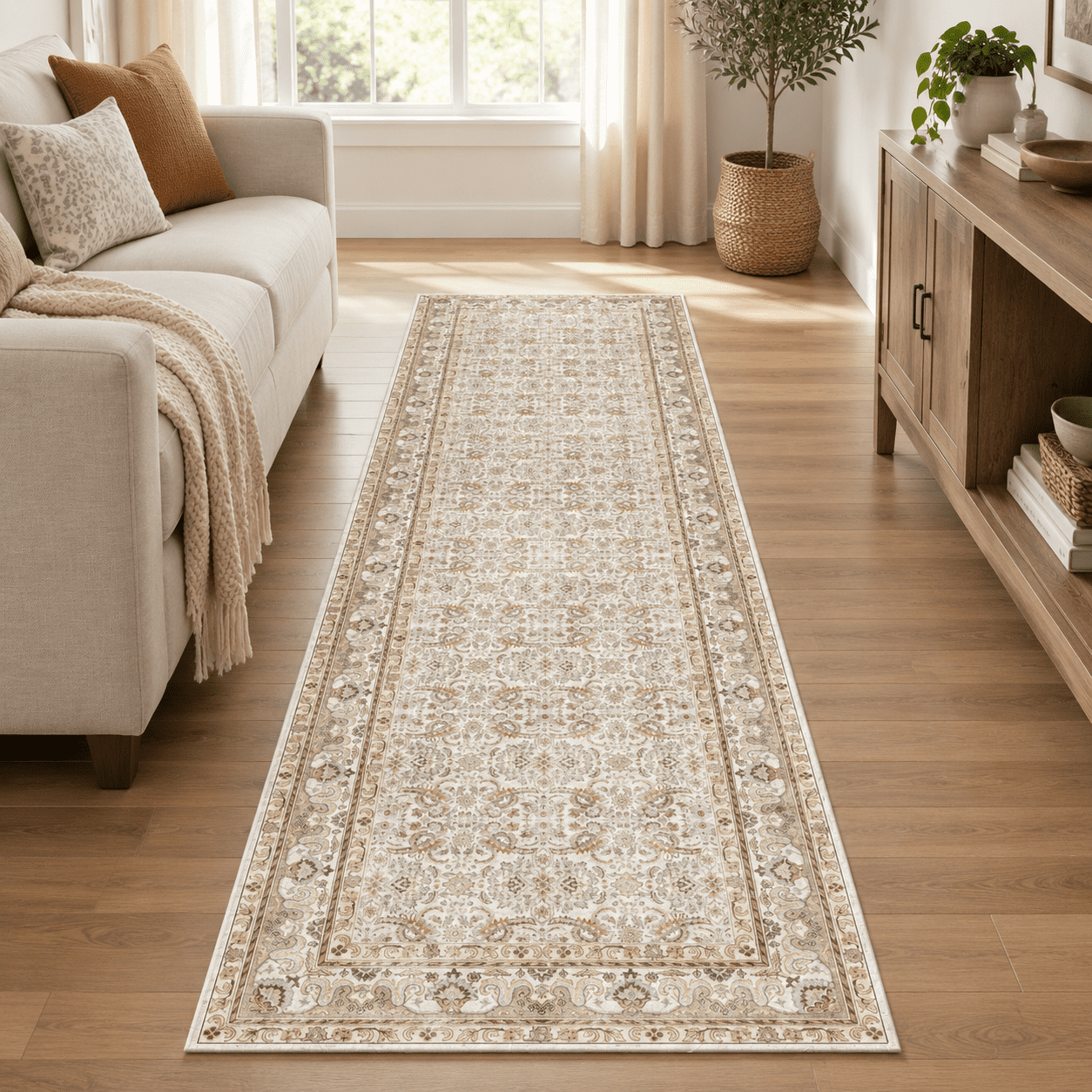 2x7 Hallway Runner Rug, Beige/Grey/Orange, Vintage Low-Pile Non-Slip ...