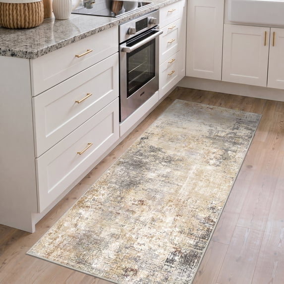 DEORAB 2x7 Runner Rugs Low Pile Lightweight Machine Washable Non Slip for Hallway, Laundry Room, Bedroom, Bathroom, Distressed Abstract Taupe Beige