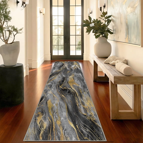 2x8 Abstract Marble Runner Rug Non Slip Washable Rug, Soft Faux Wool Modern Rugs for Hallways, Kitchen Runner Rugs Non Skid, Stain Resistant Floor Carpet for Laundry Entryway Bedroom Bathroom