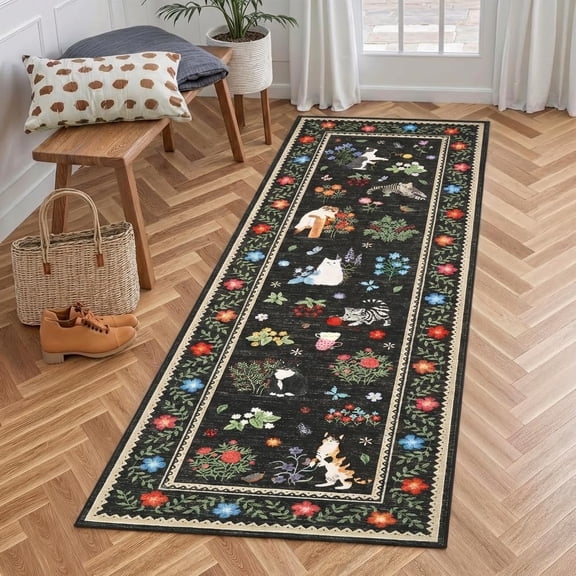 2x8 Kitchen Rugs Non Slip Washable Floral&Animal Print Runner Rug, Stain Resistant Cat Rug for Entryway, Non Shedding Low Pile Carpet Foldable Soft Bordered Mats for Hallway, Bedroom, Black