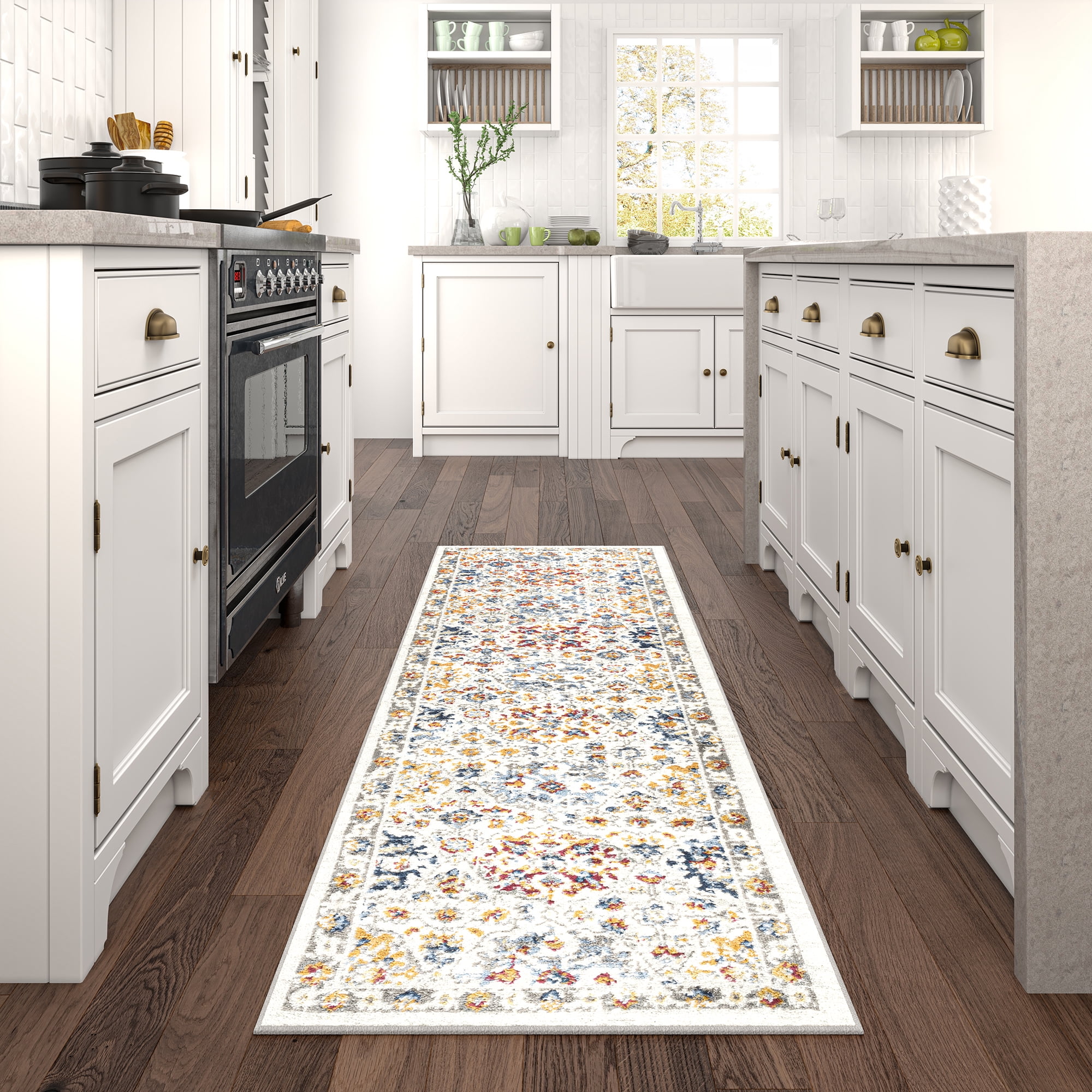Chelsea Transitional Oriental 2'3'' x 7'3'' Cream and Gold Polypropylene Indoor Runner Rug, 2' x 7'