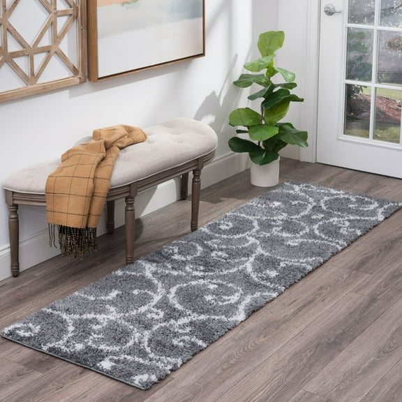 Bliss Rugs Transitional Floral 2'3'' x 7'3'' Gray and White Polypropylene Indoor Runner Rug, 2'3'' x 7'3''