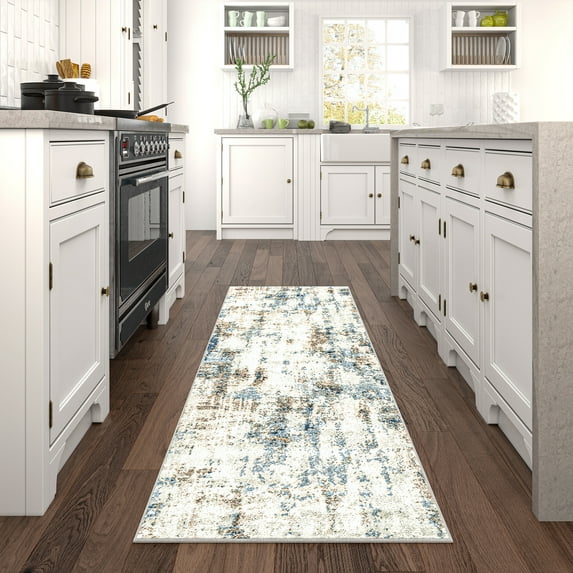 Chelsea Contemporary Abstract 2'3'' x 7'3'' Navy and Blue Polypropylene Indoor Runner Rug, 2' x 7'