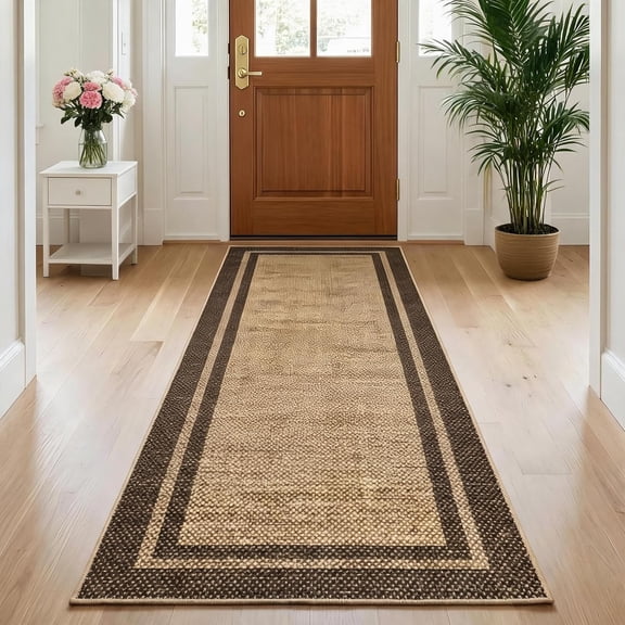 2x8 Neutral Border Washable Runner Rug Kitchen Rug Entryway Rugs with Non-Slip Backing Stain Resistant Easy Cleaning Floor Cover for Laundry Bedroom,Brown