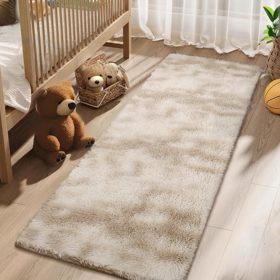 2x8 Runner Rug Tie-Dyed Shaggy Non-Slip Soft Plush for Hallway and Bedroom Light Coffee