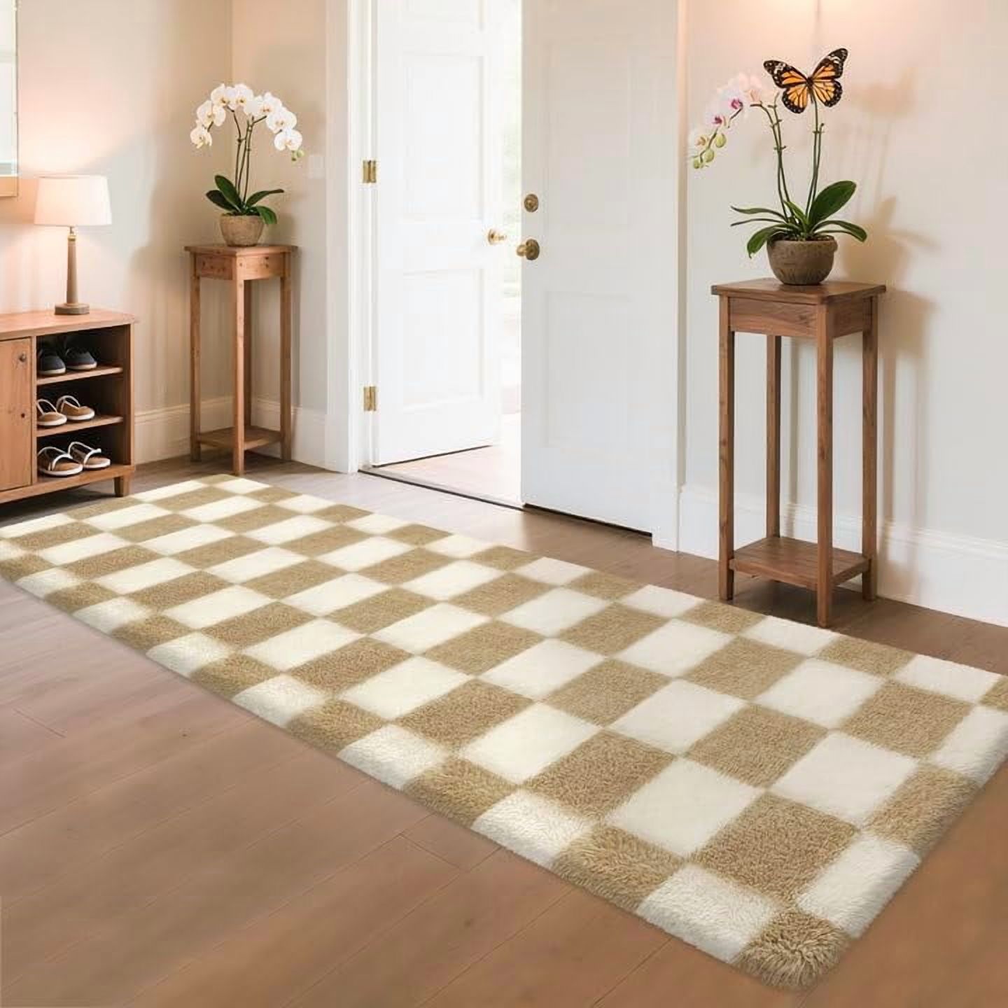 2x8 Soft Runner Rug for Bedroom Plush Fluffy Rug Beige Checkered Rug ...