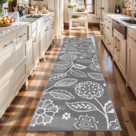 2x8 Washable Runner Rug with Non Slip Backing, Absorbent & Dirt-Trapping, Gray and White High-Low Textured Floral Hallway Carpet for Kitchens, Laundry Rooms, Bathrooms, Entryways