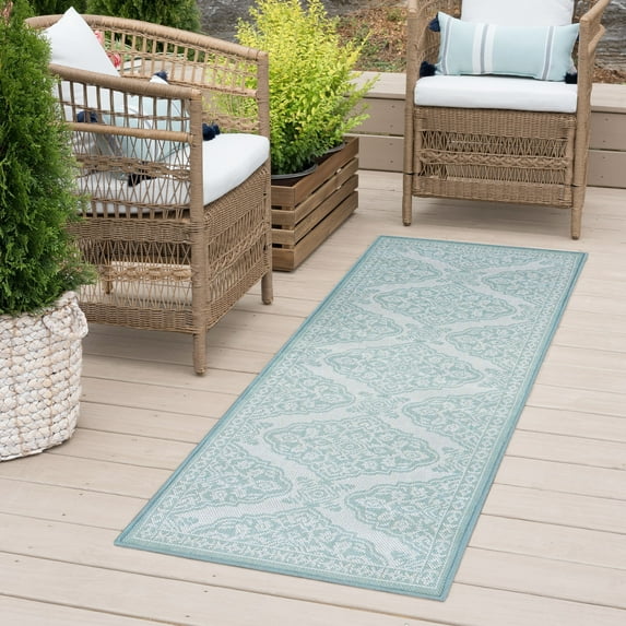 2x8 Water Resistant, Indoor Outdoor Runner Rugs for Patios, Hallway, Entryway, Deck, Porch, Balcony or Kitchen | Outside Area Rug for Patio | Aqua, Floral | Size: 2'2'' x 7'3''