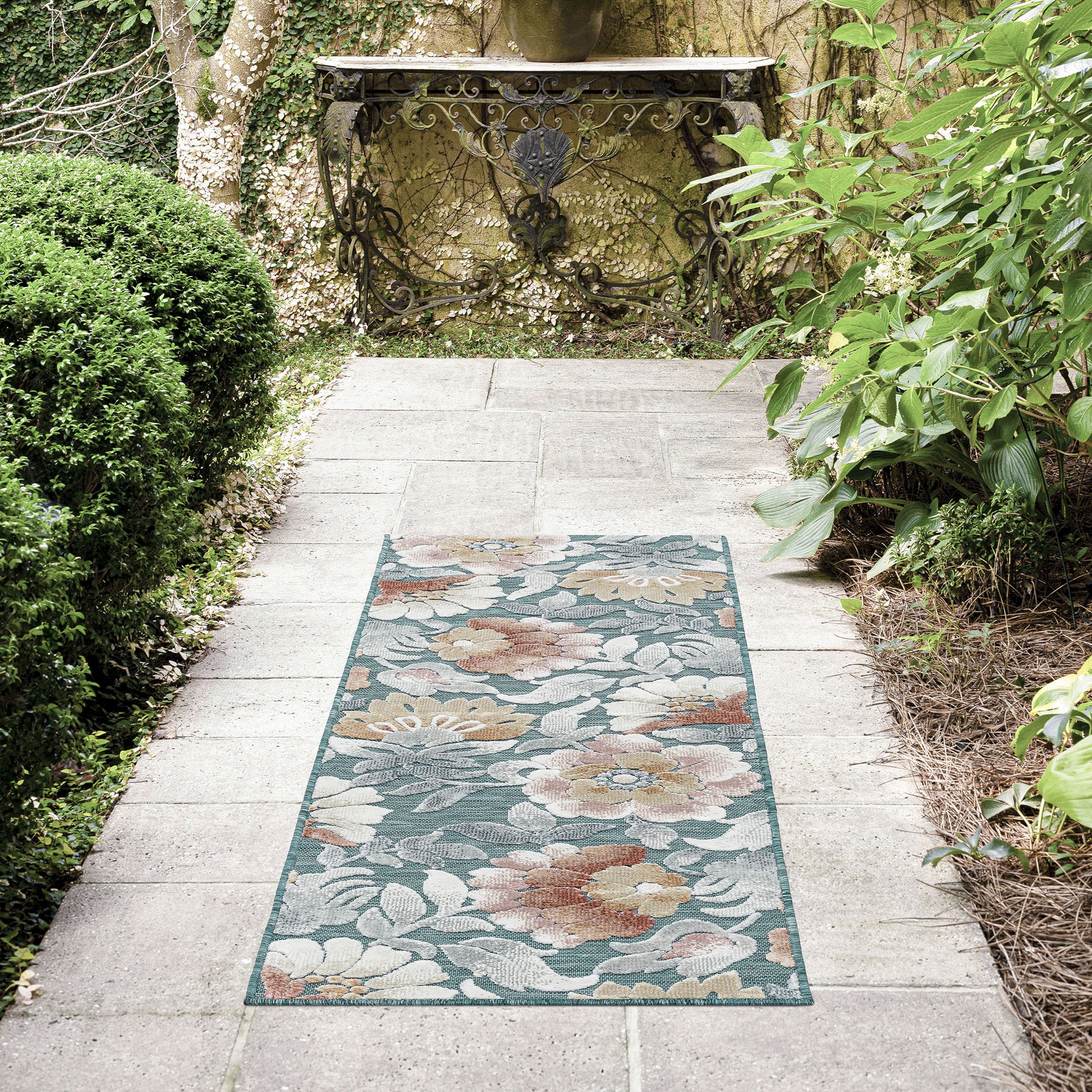 2x8 Water Resistant, Indoor Outdoor Runner Rugs for Patios, Hallway, Entryway, Deck, Porch, Balcony or Kitchen | Outside Area Rug for Patio | Aqua, Floral | Size: 2'2'' x 7'3''