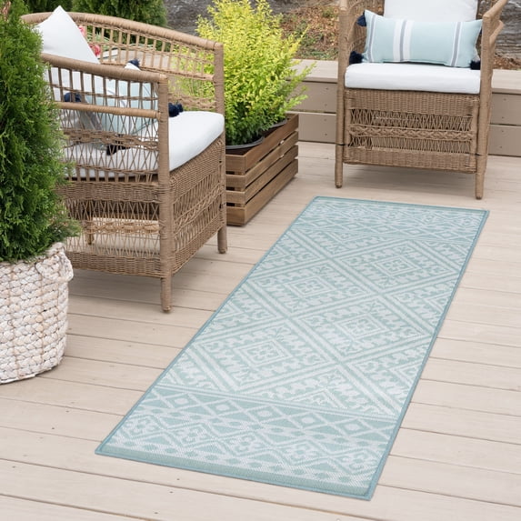 2x8 Water Resistant, Indoor Outdoor Runner Rugs for Patios, Hallway, Entryway, Deck, Porch, Balcony or Kitchen | Outside Area Rug for Patio | Aqua, Tribal | Size: 2'2'' x 7'3''