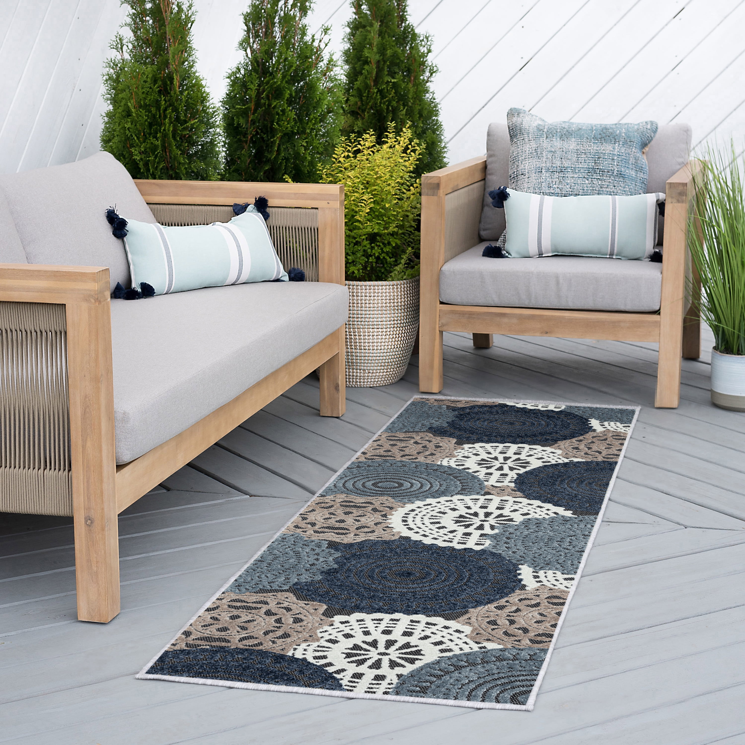 2x8 Water Resistant, Indoor Outdoor Runner Rugs for Patios, Hallway, Entryway, Deck, Porch, Balcony or Kitchen | Outside Area Rug for Patio | Black, Geometric | Size: 2'2'' x 7'3''