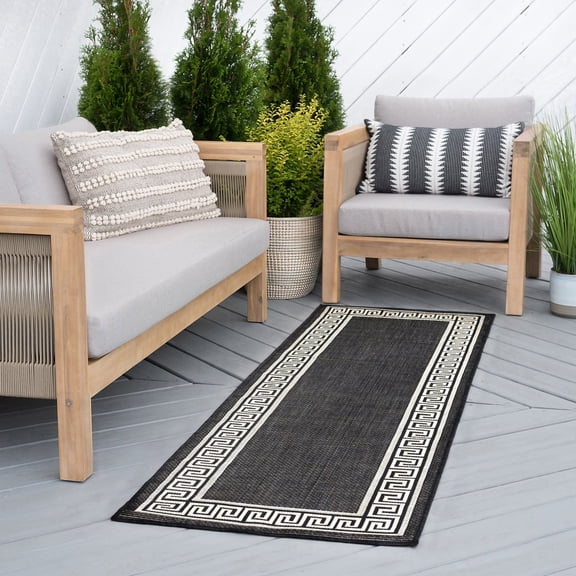2x8 Water Resistant, Indoor Outdoor Runner Rugs for Patios, Hallway, Entryway, Deck, Porch, Balcony or Kitchen | Outside Area Rug for Patio | Black, Greek Key | Size: 2'3'' x 7'3''