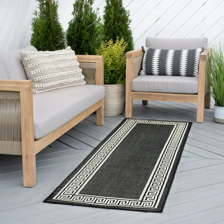 2x8 Water Resistant, Indoor Outdoor Runner Rugs for Patios, Hallway,  Entryway, Deck, Porch, Balcony or Kitchen, Outside Area Rug for Patio, Black, Greek Key