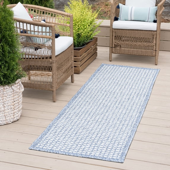 2x8 Water Resistant, Indoor Outdoor Runner Rugs for Patios, Hallway, Entryway, Deck, Porch, Balcony or Kitchen | Outside Area Rug for Patio | Blue, Basketweave | Size: 2'3'' x 7'3''