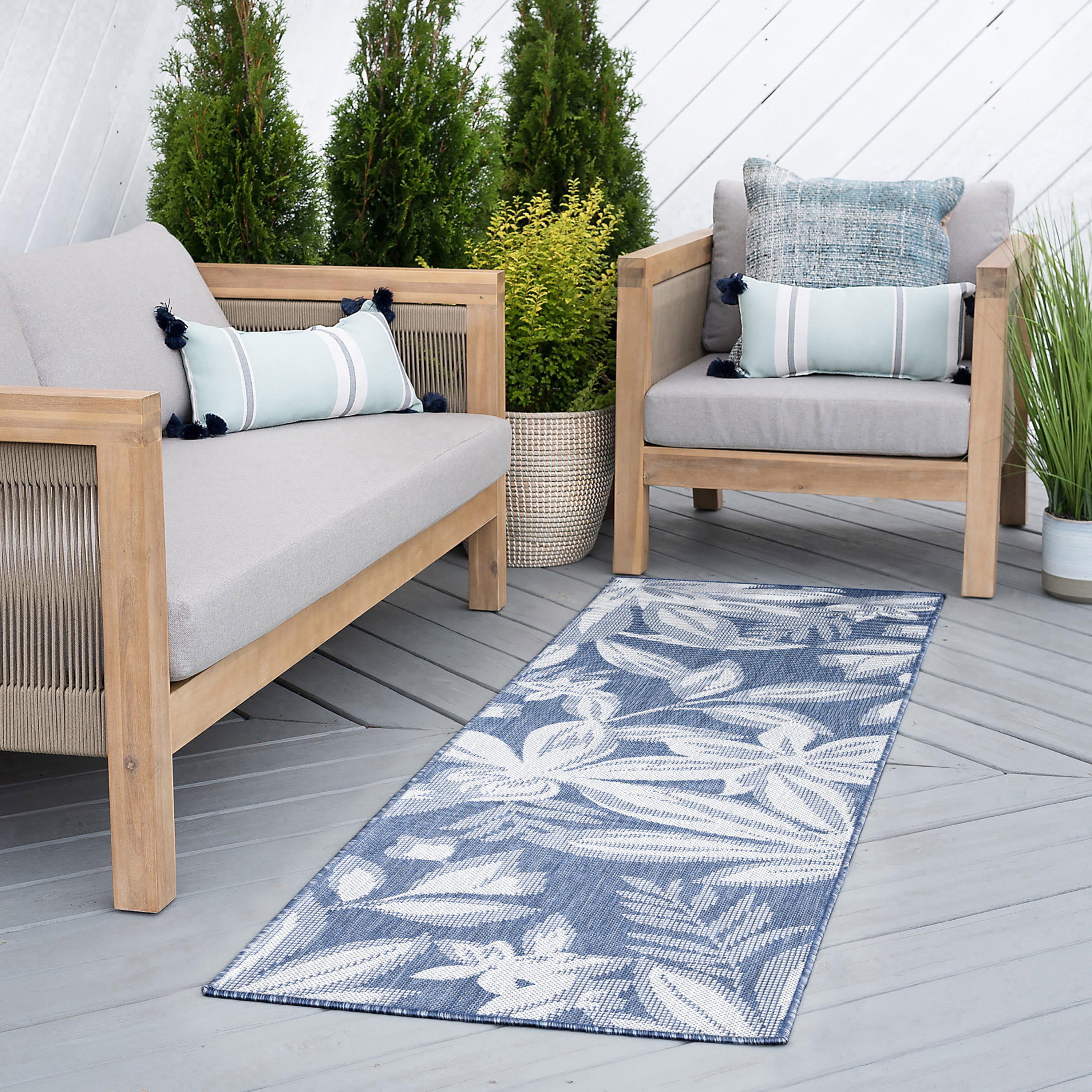 2x8 Water Resistant, Indoor Outdoor Runner Rugs for Patios, Hallway, Entryway, Deck, Porch, Balcony or Kitchen | Outside Area Rug for Patio | Blue, Floral | Size: 2'3'' x 7'3''