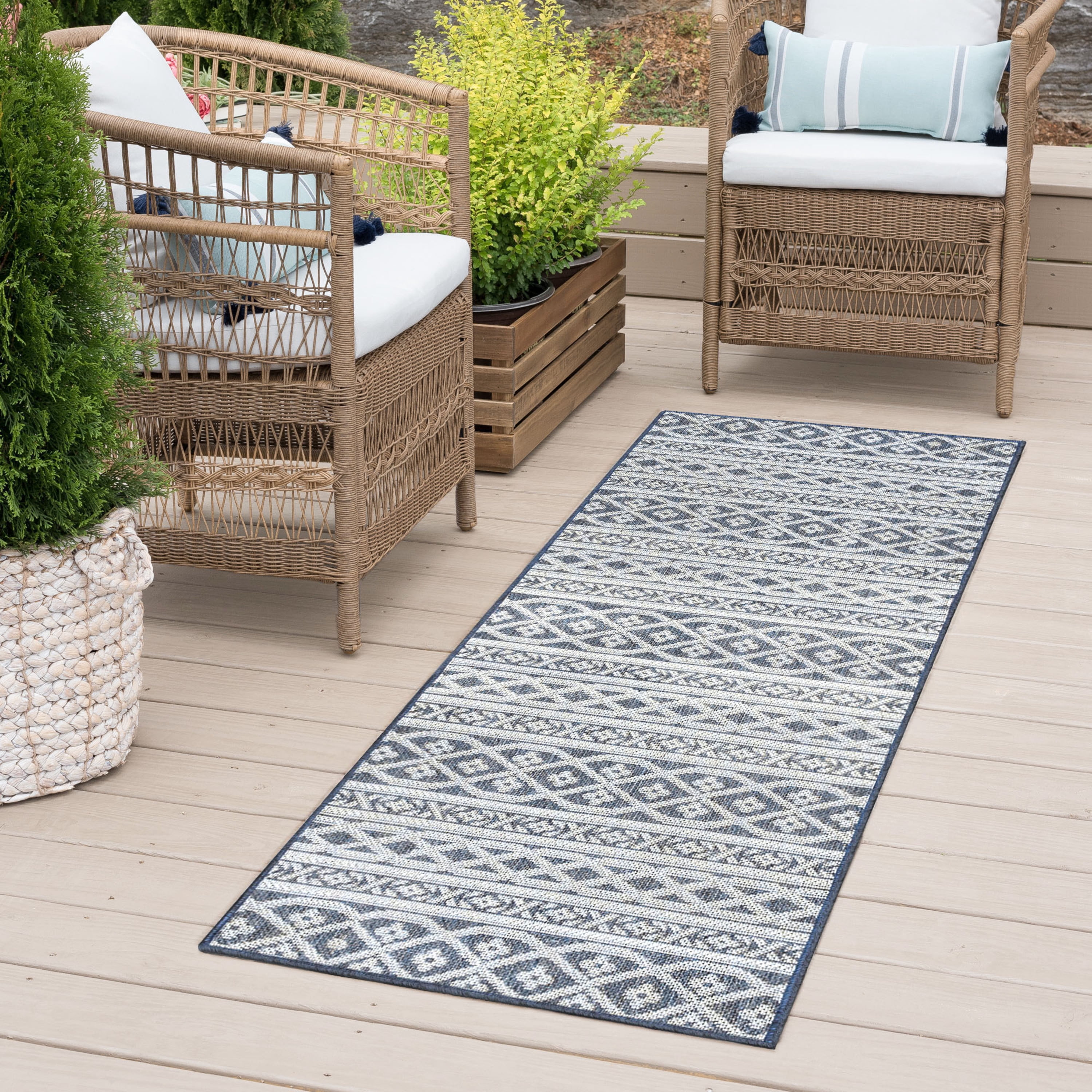 2x8 Water Resistant, Indoor Outdoor Runner Rugs for Patios, Hallway, Entryway, Deck, Porch, Balcony or Kitchen | Outside Area Rug for Patio | Blue, Stripe | Size: 2'2'' x 7'3''