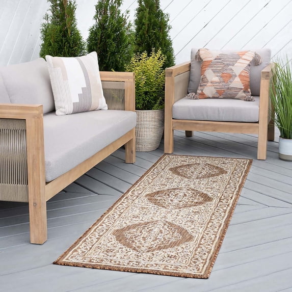 2x8 Water Resistant, Indoor Outdoor Runner Rugs for Patios, Hallway, Entryway, Deck, Porch, Balcony or Kitchen | Outside Area Rug for Patio | Brown, Floral | Size: 2'3'' x 7'3''