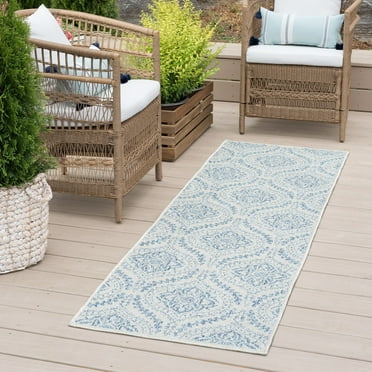 Bliss Rugs Damask Indoor Outdoor Rug Water Resistant Runner Rugs for Patio, Hallway, Entryway, Deck, Cream ,2' x 8'