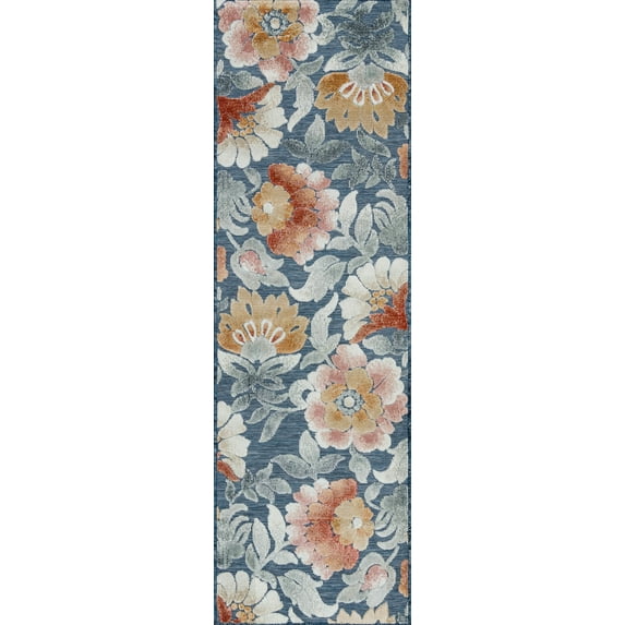 2x8 Water Resistant, Indoor Outdoor Runner Rugs for Patios, Hallway, Entryway, Deck, Porch, Balcony or Kitchen | Outside Area Rug for Patio | Dark Blue, Floral | Size: 2'2'' x 7'3''