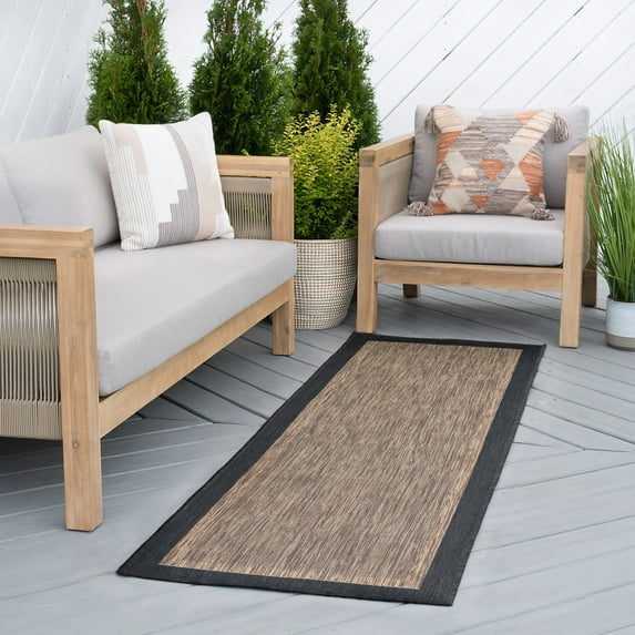 2x8 Water Resistant, Indoor Outdoor Runner Rugs for Patios, Hallway, Entryway, Deck, Porch, Balcony or Kitchen | Outside Area Rug for Patio | Gold, Solid Border | Size: 2'3'' x 7'3''