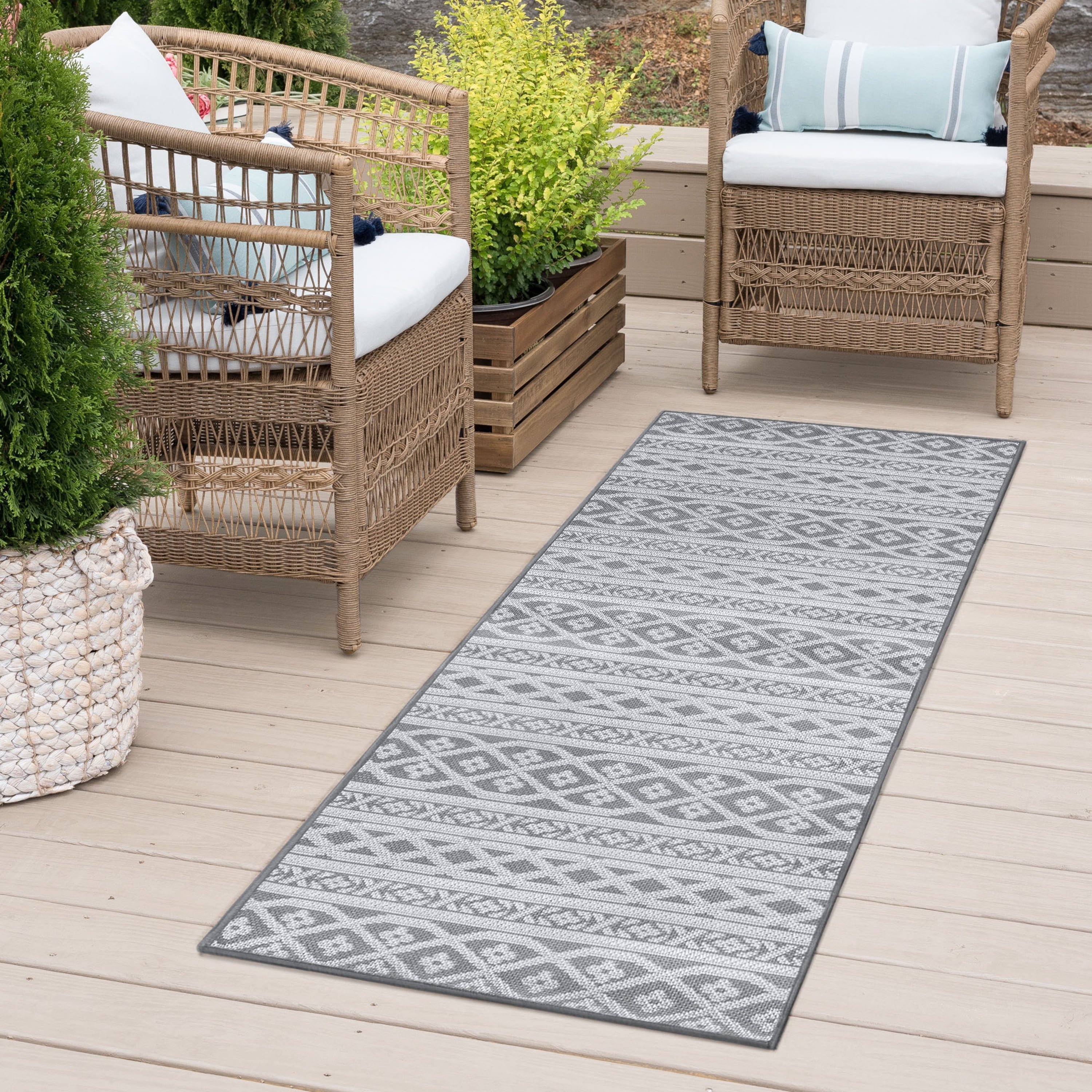2x8 Water Resistant, Indoor Outdoor Runner Rugs for Patios, Hallway, Entryway, Deck, Porch, Balcony or Kitchen | Outside Area Rug for Patio | Gray, Stripe | Size: 2'2'' x 7'3''