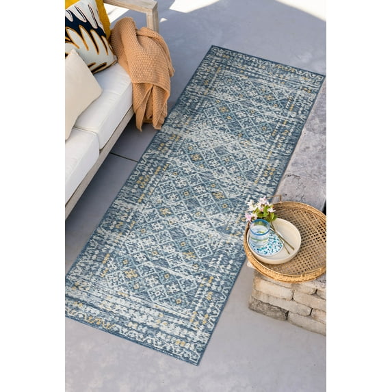 Bliss Rugs Morroccan Indoor Outdoor Rug Reversible Runner Rug for Patio, Hallway, Entryway, Deck, Navy ,2' x 8'