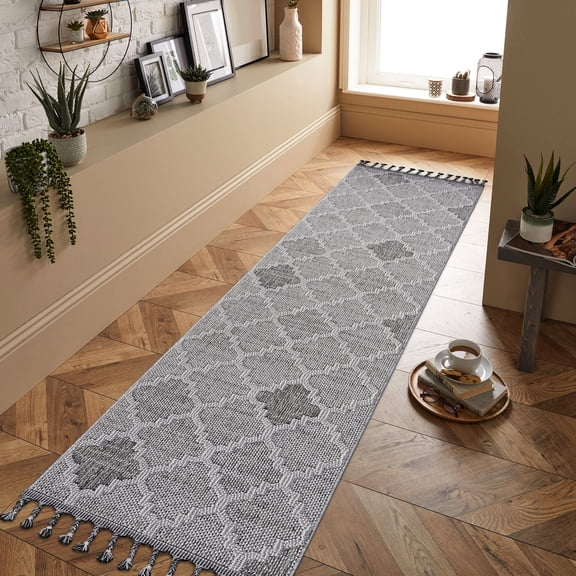 2x8 White/grey Trellis Loom & Rug - Stain , Non-shedding, Pet-, Ideal For Living Rooms, Studies, Soft Pile Area In Stainproof, Kitchens, And Stylish