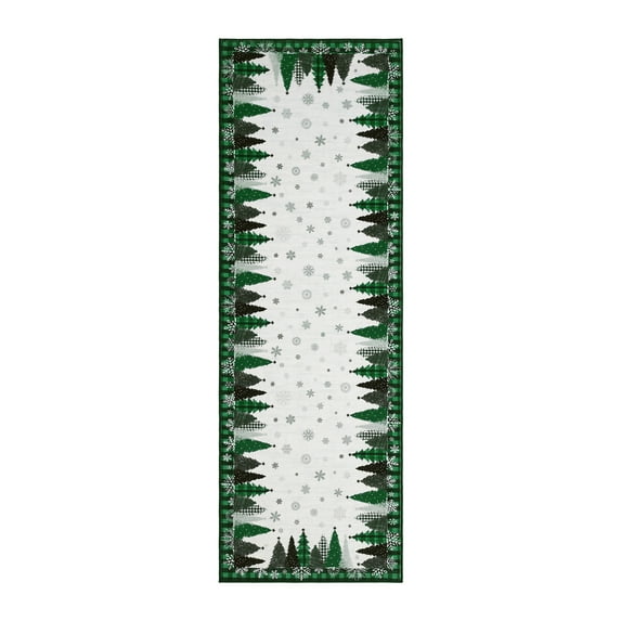 2x8 ft Green Christmas Area Rug, Tree Snowflake Checkered Print, Washable, Non-Slip, Holiday Living Room
