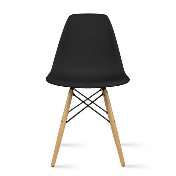 2xhome Black Mid Country Modern Molded Shell Designer Assemble Plastic Chair Side Wheels Armless Chair Natural Wood Wooden Eiffel for Dining Room Bedroom Kitchen Accent Office DSW, Set of 1, 1 piece