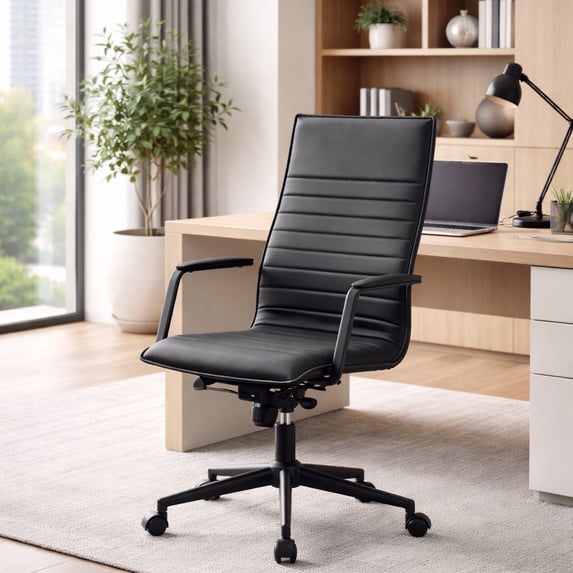 2xhome Designer Boss PU Leather with Arms wheels Swivel Tilt Adjustable Executive Mid Century Office Chair High Back Ribbed Modern Work Task Computer Black Desk Chair on Black Base, Set of 1, 1 piece