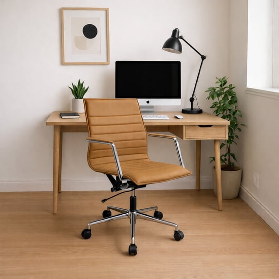 2xhome Modern Office Desk Chair | PU Leather Ribbed Back | Adjustable Height, Tilt Lock, Tan, Set of 1, 1 piece