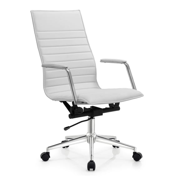 2xhome White Mid Century Modern High Back Ribbed PU Leather Tilt Adjustable Ergonomic Office Chair With Padded Arms Arm Rest Wheels Desk Task Back Support Lumbar Swivel Design, Set of 1, 1 piece