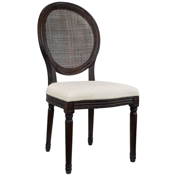 2xhome - French Chic Vintage Style Dining Side Chair With Upholstered Linen Welted Fabric And Elegant Natural Rustic Wood Frame - Rattan Wicker Oval Back, Set of 1, 1 piece