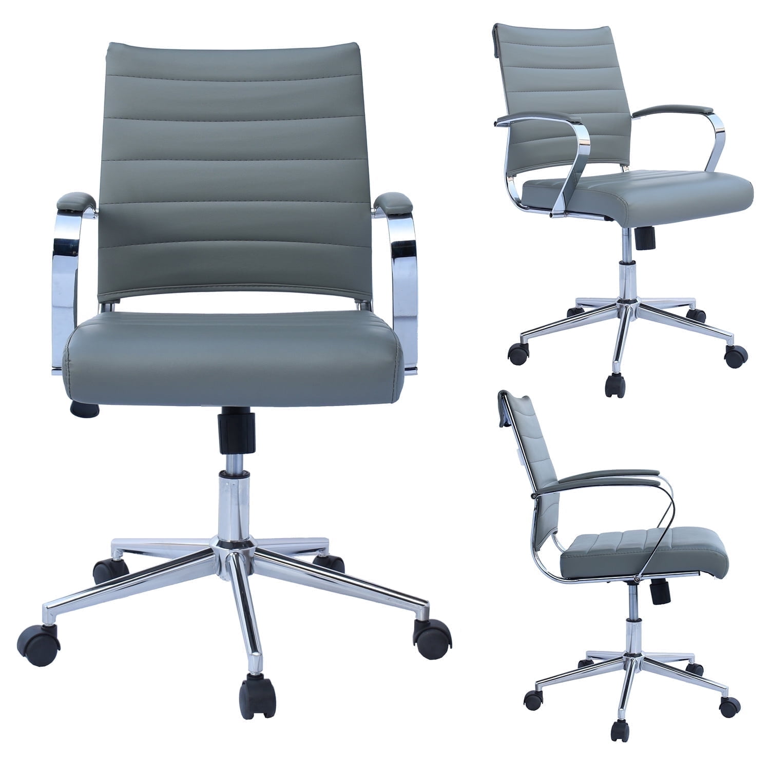 2xhome Gray Modern Contemporary Tan Brown Mid Back Ribbed PU Leather Swivel Tilt Adjustable Chair Manager Office Conference Room Work Task Computer Ribbed Desk Wheels Arms, Set of 1, 1 piece