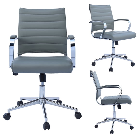 2xhome Gray Modern Contemporary Tan Brown Mid Back Ribbed PU Leather Swivel Tilt Adjustable Chair Manager Office Conference Room Work Task Computer Ribbed Desk Wheels Arms, Set of 1, 1 piece