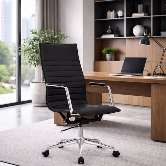 2xhome Modern Black High Back Office Desk Chair | Upholstered Ribbed PU Leather with Metal Frame | Adjustable Height, Tilt Lock | Computer Armchair for Home, Conference, Meetings, Set of 1, 1 piece